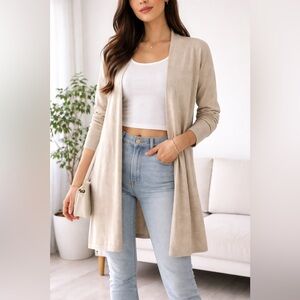 Zara Knit Longline Open Front Cardigan Tan Beige Women’s L Minimalist Layering